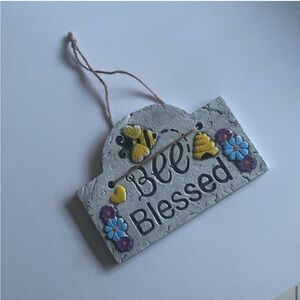 VTG Stone Hanging Welcome Garden Floral Sign Gray Gold Bee Blessed Bees OS